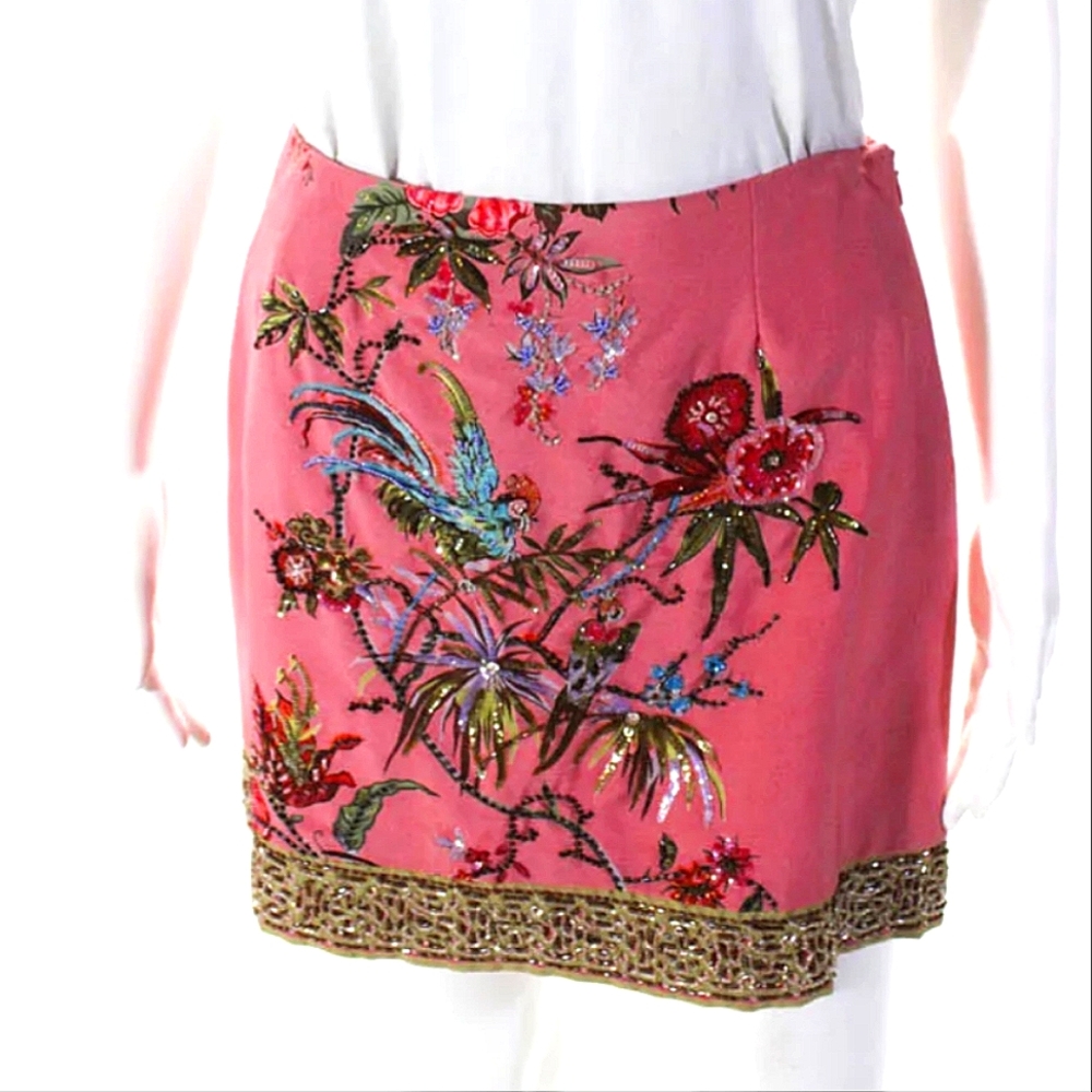 Y2k Vintage Tracy Reese Vintage Silk Beaded Bird of Paradise Skirt Anthropologie
